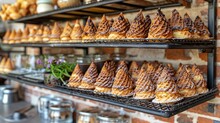   A Shelf Filled With Pastries Sits Atop A Brick Wall, Adjacent To A Potted Plant And Another Potted Plant