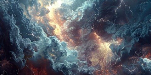 Sticker - a dynamic vector artwork depicting the chaotic energy of a thunderstorm, with swirling clouds, jagged lightning bolts, and torrential rain, all rendered in hyper-realistic detail.