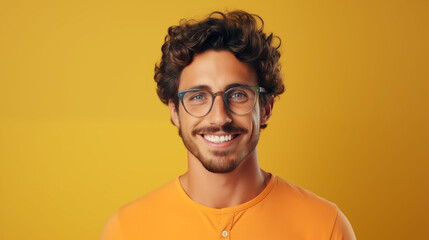 Wall Mural -  Smiling millennial male customer posing with confidence on solid colored background. Professional headshot portrait of a young man in glasses