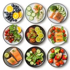 Wall Mural - healthy plates, top view, white background