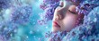 © CgDesign4U - Feel The Whimsy As A Woman Hides Her Head In A Bouquet Of Lilac Flowers Against A Colorful Blue Background, Background HD For Designer
