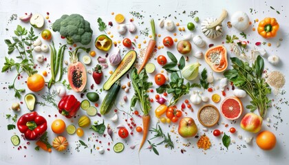 Wall Mural - vegetables, fruits and grains scattered on a white table, photo from above, realistic photo