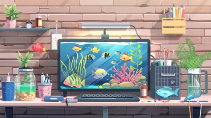 Wall Mural - TechSavvy Aquarist Vibrant Fish Tank with HighTech Touches and Essential Tools for Aquarium Enthusiasts