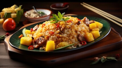 Wall Mural - Khao Pad Sapparot, featuring stir-fried pineapple rice studded with juicy pork chunks, Thai food