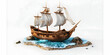 Sailing ship isolated on gray background. A wooden model of a pirate ship. 
