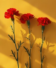 Wall Mural - Red carnations on yellow background