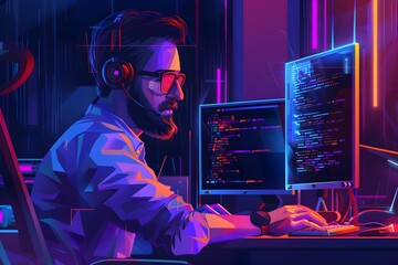 Skilled developer working on a complex software project in a futuristic hi tech workspace