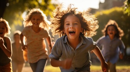 A playful group of children frolicking in a sun-drenched park, 