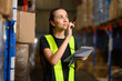 Portrait Caucasian woman with Container box Shipping Logistics Engineering of Import Export Transportation Industry, Female Safety Transport Engineer holding paper clipboard standing by