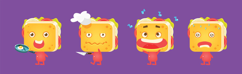 Wall Mural - Cute Sandwich Character with Face Emotion Vector Set