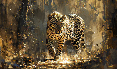 Wall Mural - A stunning leopard moves stealthily through lush greenery. Generate AI