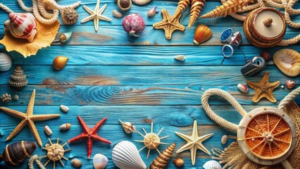 nautical, vacation and travel banner with sea life style objects. Top view