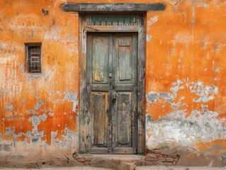 Wall Mural - Weathered door and window with an orange wall in the background. AI.