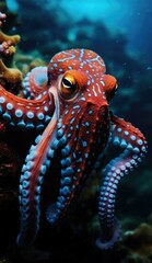 Wall Mural - A beautiful close-up of a red octopus with blue spots. AI.