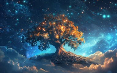 Wall Mural - A captivating tree teeming with golden light stands against a backdrop of a deep blue starry sky, exuding an aura of cosmic vitality.