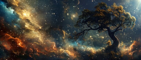 a mesmerizing tableau of a timeless tree against a backdrop of galactic splendor, glowing with stell