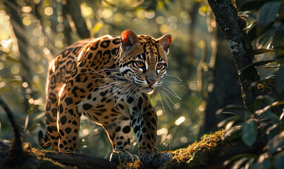 Wall Mural - A stunning leopard moves stealthily through lush greenery. Generate AI