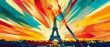 A wide-format illustration featuring the Eiffel Tower with a dynamic, colorful interpretation of the torch and its vivid flames, set against a sunset sky.