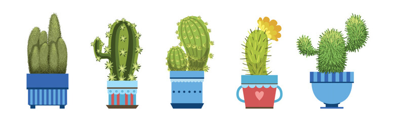 Sticker - Green Spiky Cactus Plant Growing in Ornamental Ceramic Pot Vector Set