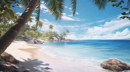 beach with turquoise waters and soft white sand,  palm trees 