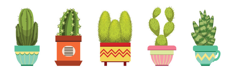 Sticker - Green Spiky Cactus Plant Growing in Ornamental Ceramic Pot Vector Set