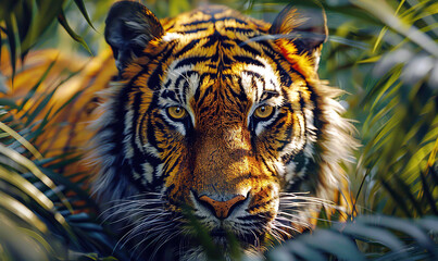 Wall Mural - A close-up of a tiger's face with sharp eyes among green leaves. Generate AI