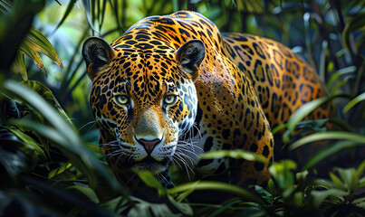 Wall Mural - A stunning leopard moves stealthily through lush greenery. Generate AI