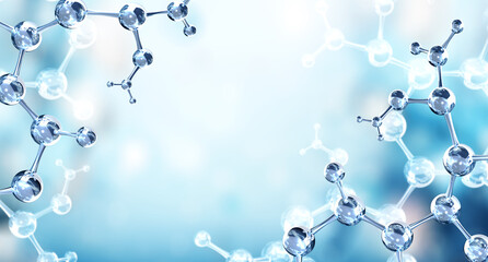 Wall Mural - horizontal banner with model of abstract molecular structure. background of blue color with glass at