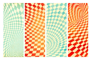 Poster - Set of retro background with texture of old paper and checkered pattern of blue, red and yellow color. Collection of vintage vertical banners with decorative pattern. Copy space for text