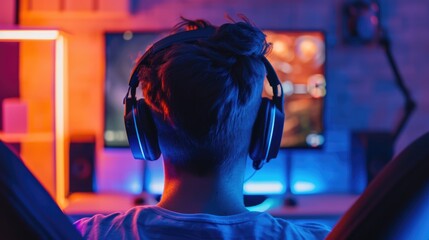 Back View Shot of Young Male Gamer Playing Online Video Game in His Personal Computer at Room Surrounded by Neon Lights, Concept of E-sports and Cybersport.