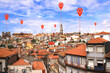 Network connection concept. Aerial view on old part of Ribeira in Porto, Portugal with location pin. Global positioning system pin map. Map pins with top view on Porto, Portugal