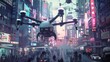 an autonomous delivery drone navigating through a futuristic cityscape filled with skyscrapers and flying vehicles