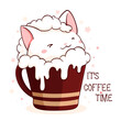 Lovely little cat in cup. Square card with cute animal in cup in kawaii style. Inscription It's coffee time. Can be used for t-shirt print, stickers, greeting card design. Vector illustration EPS8
