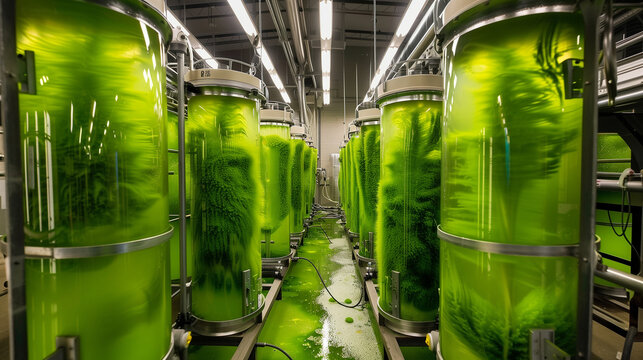 A row of green tanks with a green liquid inside. The tanks are lined up in a row and are all the same size