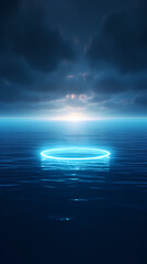 Wall Mural - Glowing blue neon ring floating on water