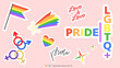 Pride month stickers set on pink background, LGBT flat style symbols with pride flags, gender signs, retro rainbow, LGBT pride community Symbols, Vector set of LGBTQ, Vector illustration EPS 10