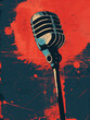 A vintage microphone stands against an abstract backdrop of red, black, and orange circles, evoking a nostalgic and artistic vibe of retro music and broadcasting