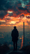 graduate in silhouette stands at a crossroads during sunset, contemplating the future against a backdrop of a lit cityscape and a dramatic sky
