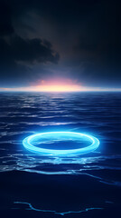 Wall Mural - Glowing blue neon ring floating on water