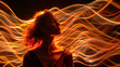 dynamic energy of golden light trails swirling around a woman with flowing hair, set against a dark backdrop
