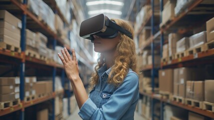 Virtual reality technology with a person making warehouse management analyzing newly arrived goods on pallets wrapped in transparent film in ditribution logistics packaging centre