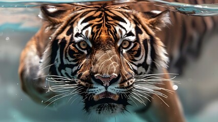 Wall Mural - Closeup of a tiger swimming underwater with its mouth open. Concept Underwater Wildlife Photography, Tiger Closeup, Aquatic Predator, Nature in Action