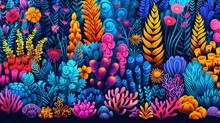 An Abstract Floral Pattern With Contemporary Organic Shapes Inspired By Matisse. Coral Reef Underwater Sketches Background. Aquarium, Ocean, And Marine Algae Water Plants.