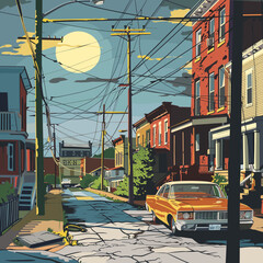 Wall Mural - A street scene with a car and a pole with a license plate that says 