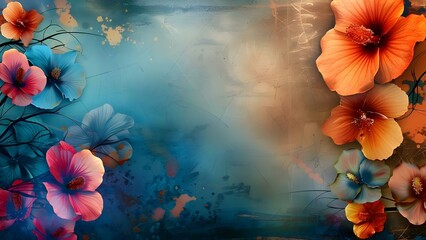 Poster - Sarah designed custom flower frame border with rustic texture teal  indigo. Concept Sarah's custom flower frame border features rustic textures in teal and indigo hues,
