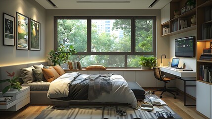 Poster - A modern apartment bedroom designed in a realistic style with clean lines, bright lighting that emphasizes its pristine condition, and modern furniture