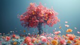 Fototapeta  - The human brain tree with flowers represents self-care and mental health, positive thinking, to develop a creative mind and to develop generative AI