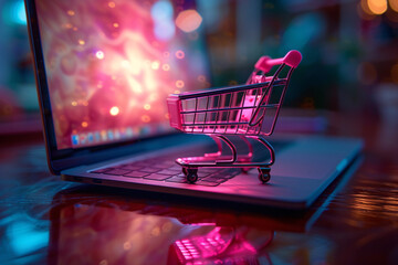 Wall Mural - Laptop computer and purple shopping cart, ecommerce concept
