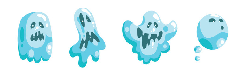 Poster - Blue Ghost Character with Scary Face Grimace Vector Set