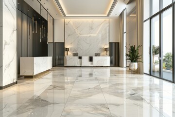 Wall Mural - A modern empty hotel lobby with sleek marble floors and minimalist decor, offering a serene atmosphere for guests to unwind, Generative AI